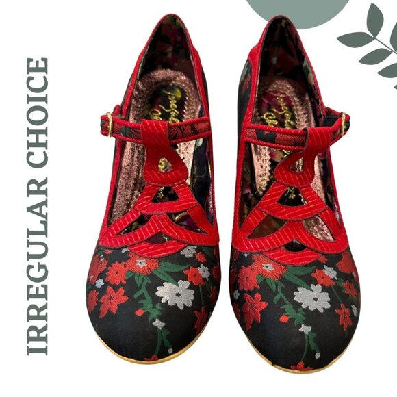 Irregular Choice Floral Heels | Red Black Mary Jane Style | Retro Statement Shoe - Picture 8 of 12